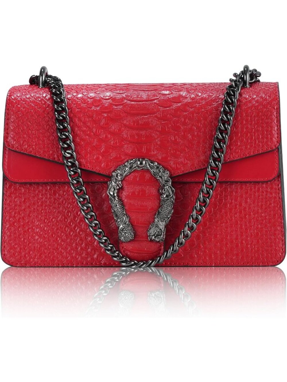 Women's Red Leather Cross Body And Satchel Classic Snake Print Chain Bag